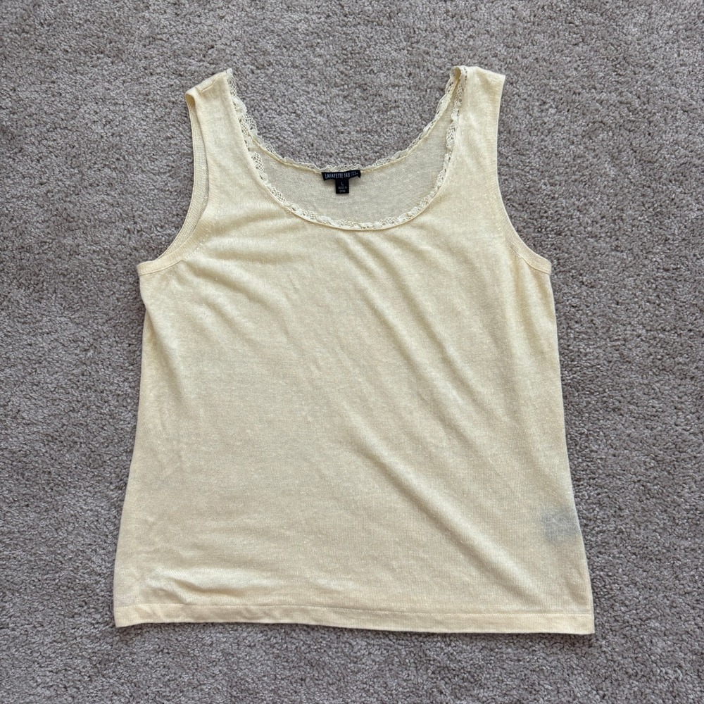 Lafayette 148 New York Women Yellow 100% Linen Lace Trim Scoop Neck Tank Top L
